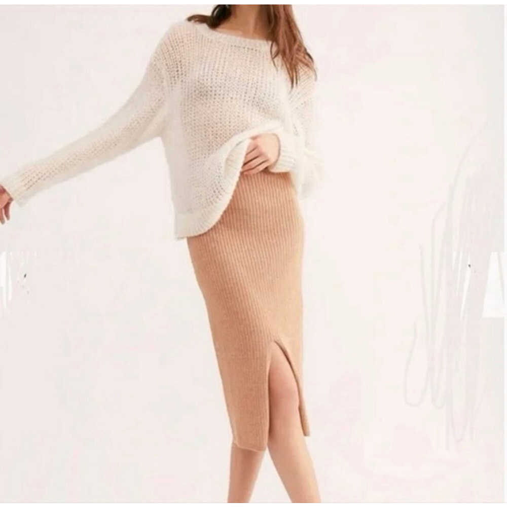 Free People Skyline Brown Tan Ribbed Knit Midi Skirt Size L